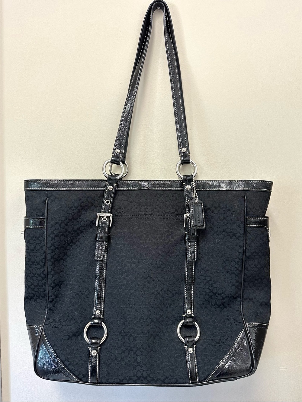 Coach Gallery Turn-Lock Tote Bag with Black Patent Leather Trim